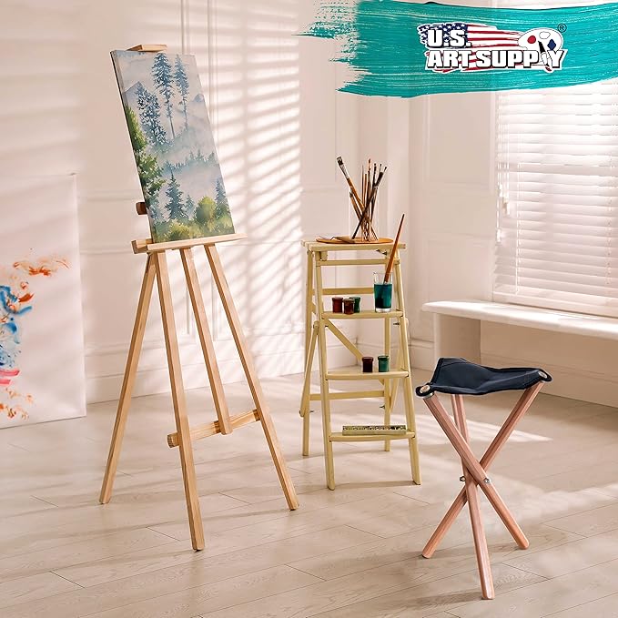 US Art Supply Portable Three Leg Wood Artist Folding Stool with Saddle Leather Seat