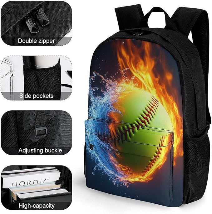 Lightweight Daypack Backpack for Sports Travel Running, Large Capacity Multipurpose Anti-Theft Bookbag, Ice Water Fire Softball Baseball Laptop Backpack Daypack