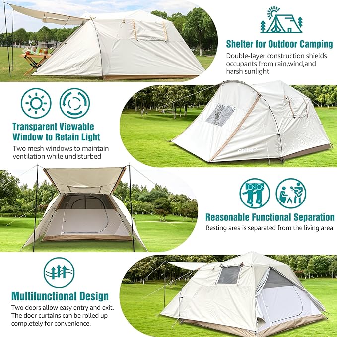 Chihee Camping Tents Pop-Up Portable Tent Outdoor Shelter,Family Tent 2 Doors Instant Set up Large Weatherproof Tent 4 Seasons Tents with Screened Porch Room Awning Include Rain Fly Carry Bag Hiking