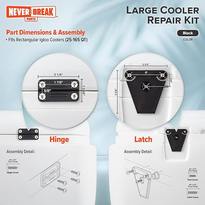 NeverBreak Parts - Igloo Cooler Replacement Parts - Large Repair Kit | High Strength Igloo Cooler Hinges Replacement with Latches | Ice Chest Repair Kit