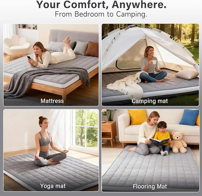 Welnow Japanese Futon Floor Mattress, Full Size Thick Tatami Mat Portable & Foldable Roll Up Floor Bed Mattress with Storage Bag, Sleeping Pad for Adults, Dorm, Guest Bed, Camping and Travel, Grey