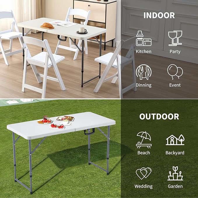 BOOSDEN 4 Foot Folding Table, Portable Rectangle Card Table, Indoor Outdoor Plastic Fold-in-Half Utility Table with Carrying Handle, Adjustable Height Foldable Tables for Picnic,Party,Camping,Office
