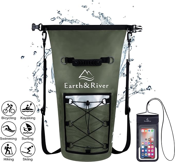 EARTH&RIVER Premium Dry Bag Backpack, Extra Thick, Protection for All Water Activities & Camping, Floating Lightweight Dry Bag with Inside Pocket Storage & IPX8 Waterproof Phone Case (Army Green, 20L)