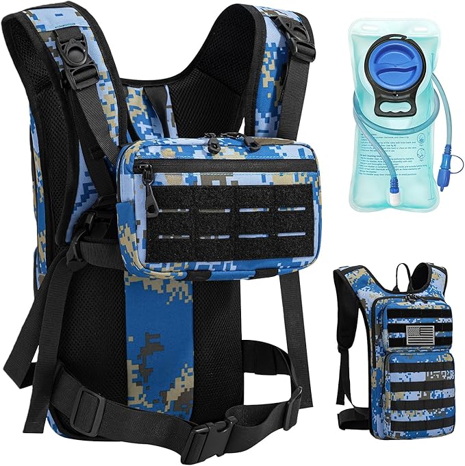 Tactical Hydration Backpack with 2L Water Bladder and Front Small Tactical Pouch, Outdoor Water Backpack for Men Women, Sports Hydration Pack for Hiking, Cycling, Climbing