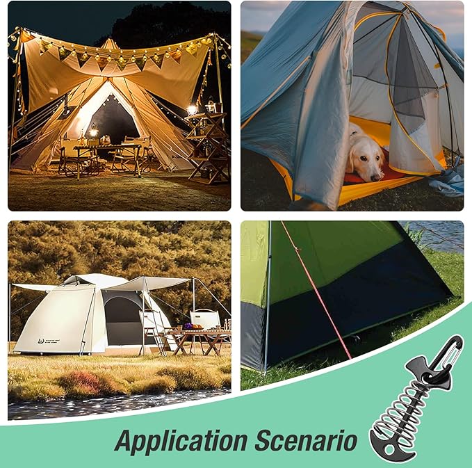 10 Pack Deck Anchors Pegs with Carabiners, Aluminum Rope Tent Tie Down Stakes Clips with Carabiners Outdoor Camping Accessoriness, Black