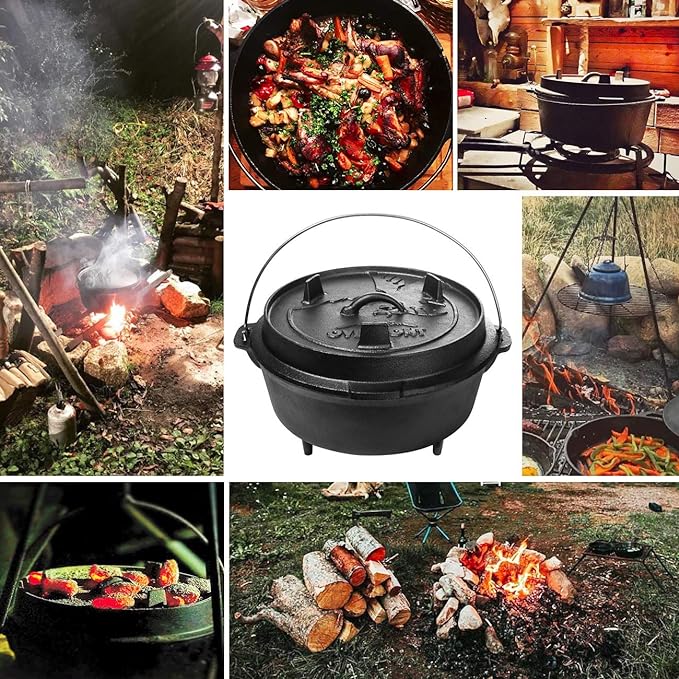 Overmont Camp Dutch Oven Pre Seasoned Cast Iron Lid Also a Skillet Casserole Pot with Lid Lifter for Camping Cooking BBQ Baking 9QT(Pot+Lid)