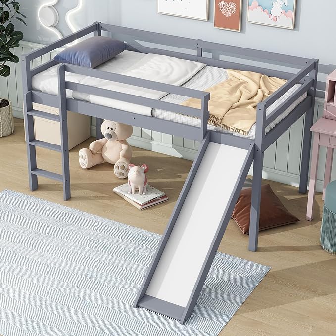 KEIKI Twin Size Low Loft Bed, Slide & Ladder, Guardrails, Rubber Wood, Grey