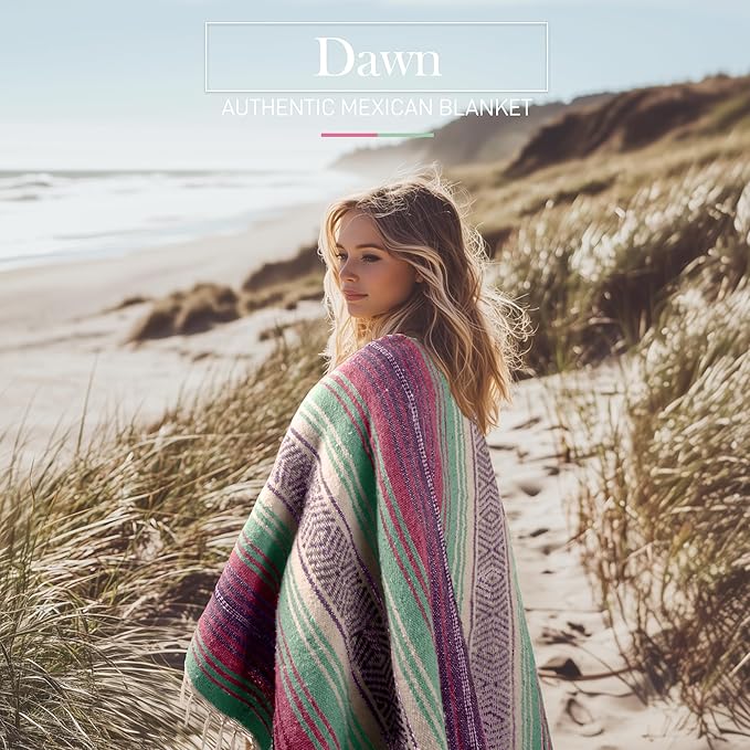 Hydration Nation Authentic Extra Large Mexican Blanket (70"x50") - Handwoven Yoga, Serape- Artisanal Falsa, Beach, Camping, Picnic, Outdoor - Dawn