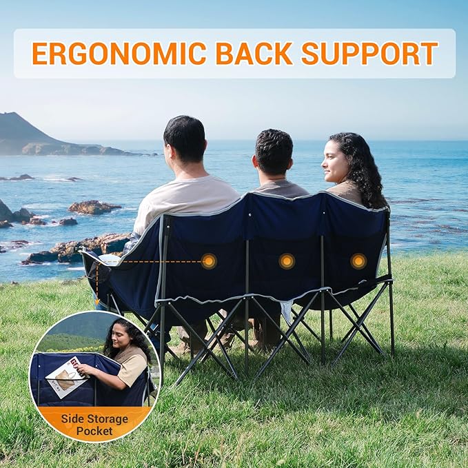 KingCamp 3 Person Camping Chair, Oversized 660lbs Heavy Duty Loveseat for Adults Portable Folding XL 2 Person Couch Padded Comfortable Three Seat with Cup Holder for Outdoor Lawn Backyard, Black/Grey