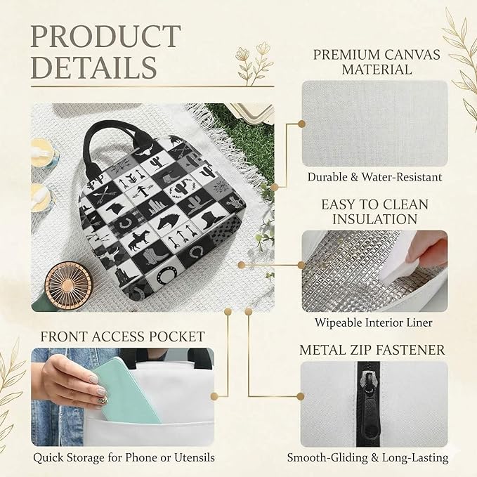 Western Retro Denim Insulated Lunch Bag Bear Deer Bird Nature Landscape Cactus Thermal Tote Portable Size (04)