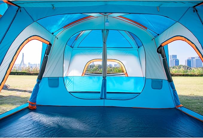 KTT Extra Large Tent 6-10-12-14 Person(Style-B),Family Cabin Tents,2 Rooms,3 Doors and 3 Windows with Mesh,Straight Wall,Waterproof,Double Layer,Big Tent for Outdoor,Picnic,Camping,Family Gathering