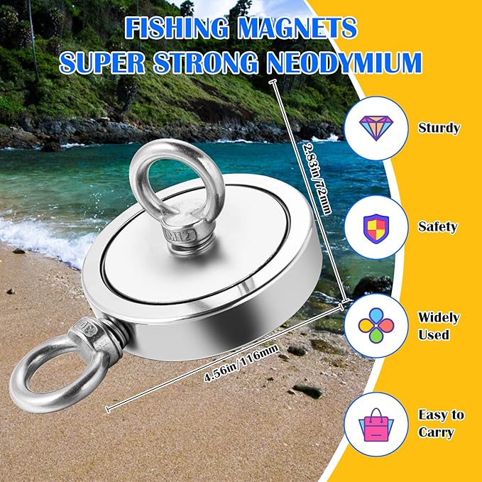 VNDUEEY Magnet Fishing Kit - 2625 Lbs Heavy Duty with 65FT Rope, Grappling Hook, Gloves, Strong Neodymium Magnet for Retrieving in River and Lake