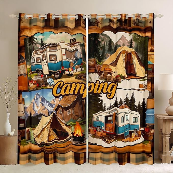 jejeloiu Rustic Cabin Camper Pattern Blackout Curtains 30%-50% Camping RV Darkening Drapes for Bedroom Living Room Campfire Tent Thermal Insulated Shades Outdoor Camping, 2 Panels 42 x 90 Inch