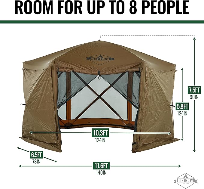 Hike Crew 12’x12’ Pop-Up Gazebo Screen Tent | 6-Sided Outdoor Canopy Shelter w/Built-in Zippered Wind Panels, Built-in Awning, Stakes, Ropes & Carry Bag for Camping & Sports | UV Resistant SPF 50+
