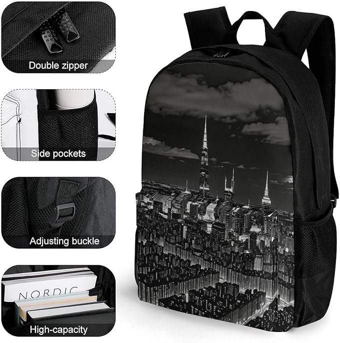 Women Men Polyester New York City Night View Casual Daypack Large Capacity Bookbag With Side Pockets for Sports Picnic Walking Cycling