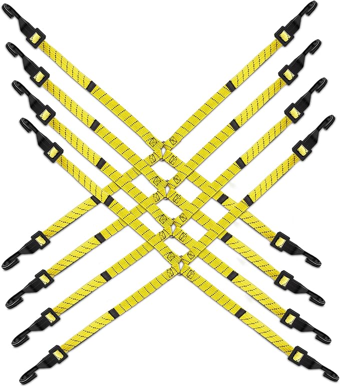 4 Pack 4 Way Flat Adjustable Bungee Cords with Hooks, Easy to Adjust The 4 Sides Length, Lucky Straps 30 Inch Black/Yellow Heavy Duty Tack Strap for Bike, Motorcycle, Roof Rack, Kayak, Cargo, etc