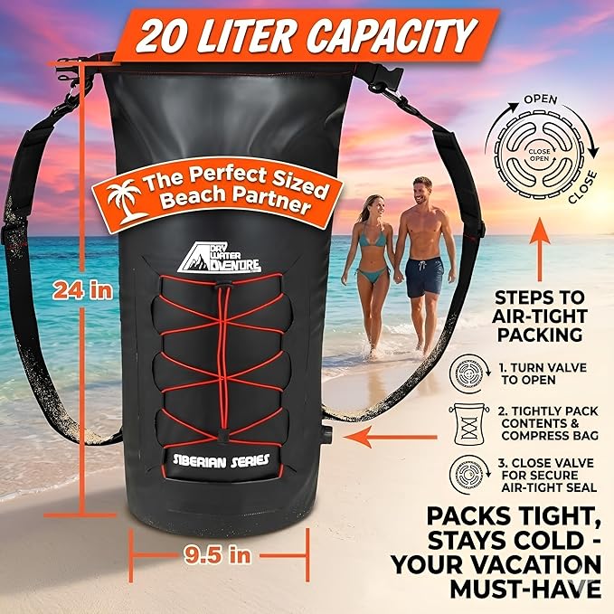 Marine Grade Waterproof Backpack Insulated Cooler Bag - Camping, Diving, Kayaking, Boating, Beach, Travel, Picnic, Food and Beverage, Siberian Series (20 Liter/5.3 Gallon)