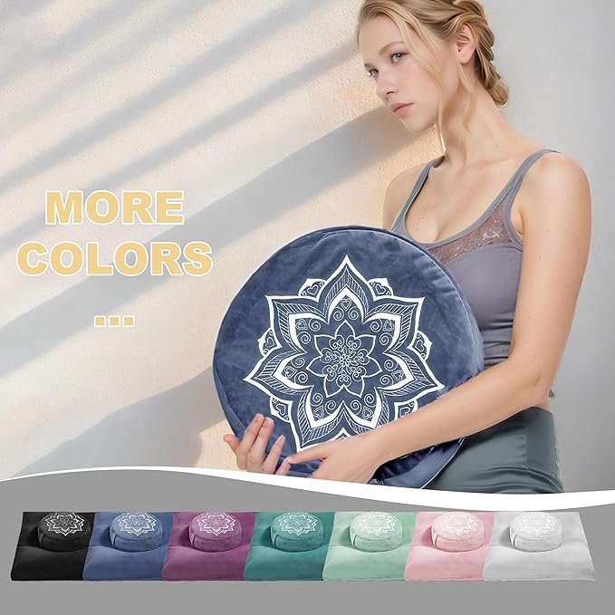 Meditation Zafu Cushion Set with Buckwheat Hulls & Memory Foam - Ergonomic Support for Yoga & Sitting - Removable Machine-Washable Luxury Velvet Cover - for Adults and Kids (Blue（COVER ONLY）)