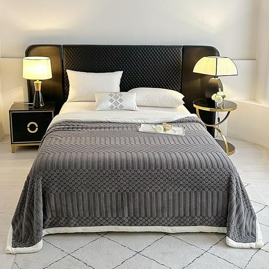 UKELER Sherpa Bed Blanket 80 × 90 inch, Ultra Soft Queen Size Throw Blankets for All Season, Cozy Plush Striped Fleece Blanket for Bedroom Living Room Dorm Hostel Sofa Camping, Dark Grey