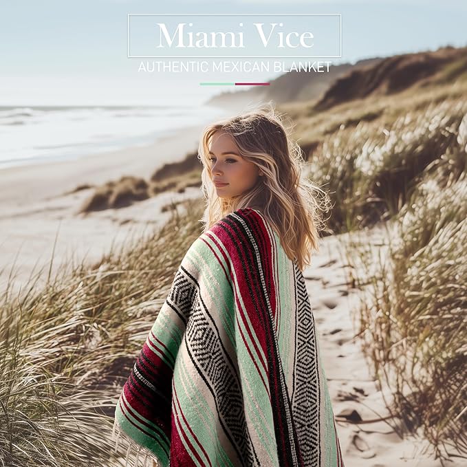 Authentic Large Handwoven Mexican Blanket - Soft Yoga- Durable Serape- Lightweight Falsa, Beach, Camping, Picnic, Outdoor Blanket 70"x50" - Miami Vice