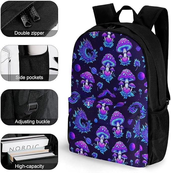 Men Women Lightweight Magic Mushrooms Dragon Backpack Large Capacity Carry On Bag With Padded Straps for Sports Work Walking Cycling