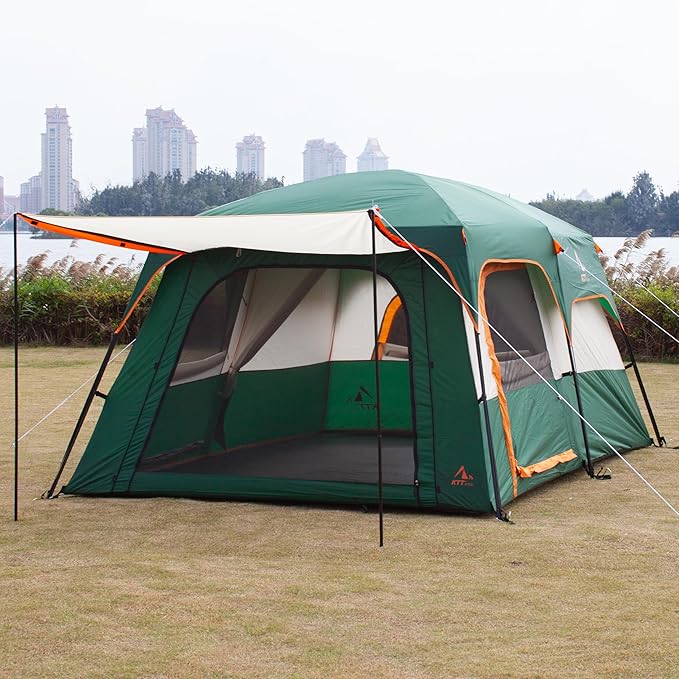 KTT Extra Large Tent 6-10-12-14 Person(Style-B),Family Cabin Tents,2 Rooms,3 Doors and 3 Windows with Mesh,Straight Wall,Waterproof,Double Layer,Big Tent for Outdoor,Picnic,Camping,Family Gathering