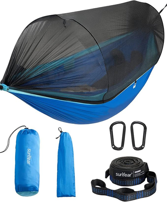 Sunyear Camping Hammock with Net - Double&Single Hammock with House-Like Net- Easy Setup & Pack, Lightweight & Portable, Perfect for Hiking, Backpacking, Outdoor Sleeping