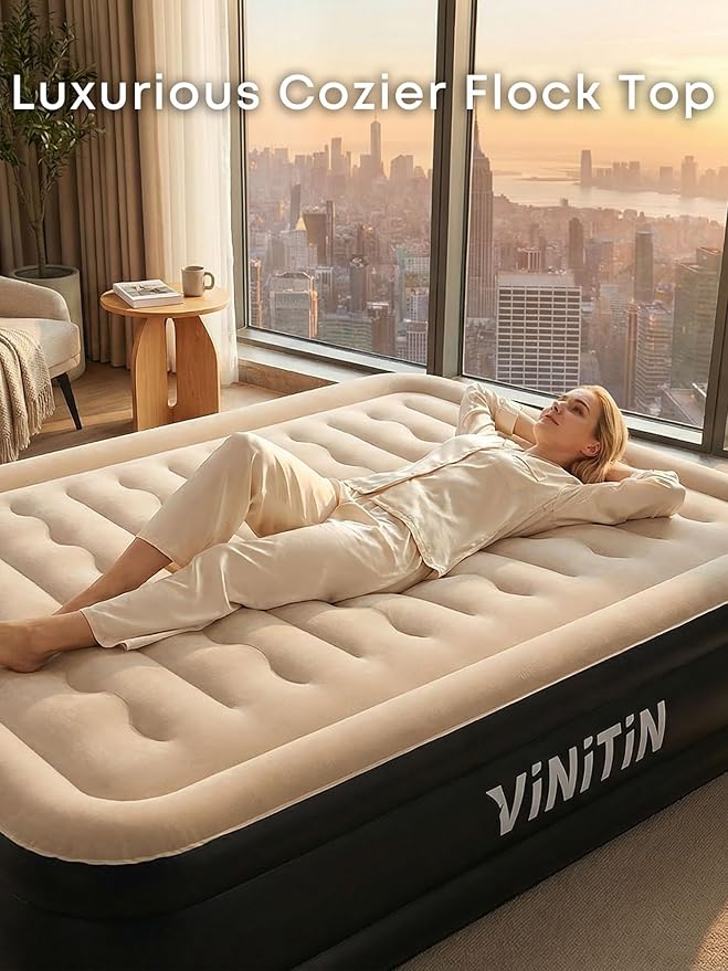 Air Mattress Queen with Built in Pump, 18" Elevated Inflatable Blow Up Mattress with Self-Inflation/Deflation, Soft Flocked Top Air Bed for Guest, Home,Camping, 80x60x18in, Charcoal Black