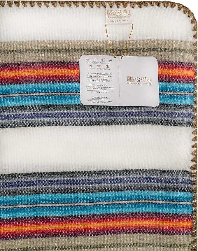 QISU Alpaca Wool Blanket Throw | Large, Beautiful, Warm, Variegated | 85 x 65 inches | Ultra-Soft, Hypoallergenic and Breathable | Non-Itchy or Scratchy Fabric (White Blue Variegated)