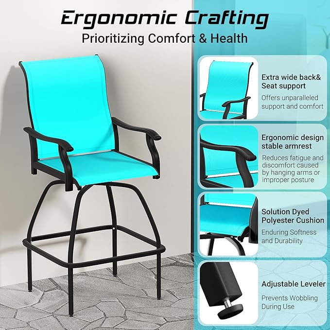 LEVELEVE Patio Bar Set 2pcs Swivel Bar Stools Outdoor Bistro Textilene Furniture Stability All-Weather Set (3, Lake Blue Padded)