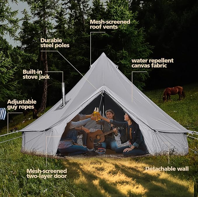 Cotton Canvas Bell Tent, Waterproof Large Tents with Sturdy Center & Door Pole and Space for 4/6/8 Person All 4 Season Camping Yurt Tent