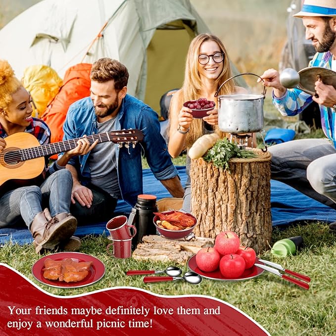 Nuogo 48 Pcs Enamel Camping Tableware Includes 12 oz Coffee Mugs 10.5 Inch Camping Plates 6 Inch Bowls and Utensils Set Includes Knife Fork Spoon for Outdoor RV(Red)