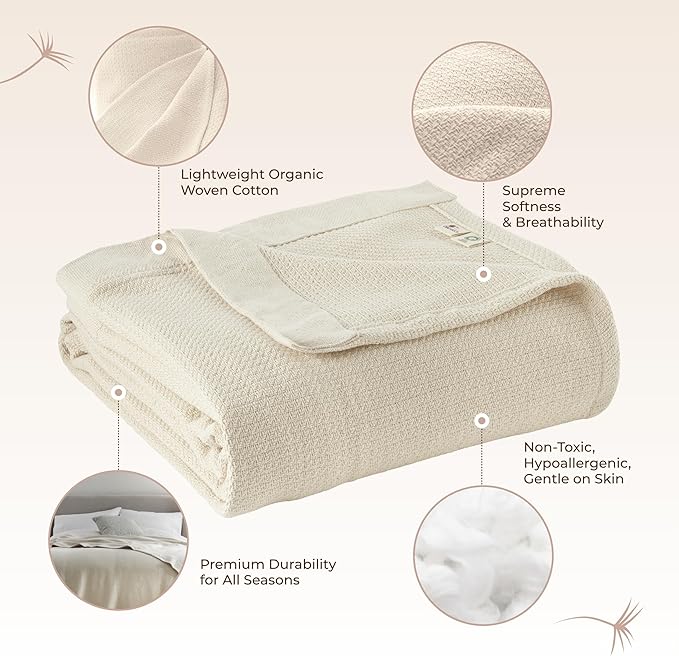 100% Organic Cotton Blanket - GOTS & Fairtrade Certified Organic Cotton Throw Blanket for Bed with Soft Warm & Breathable Single Knit Weave - Great as Bedspread or Coverlet (Natural, Full/Queen)