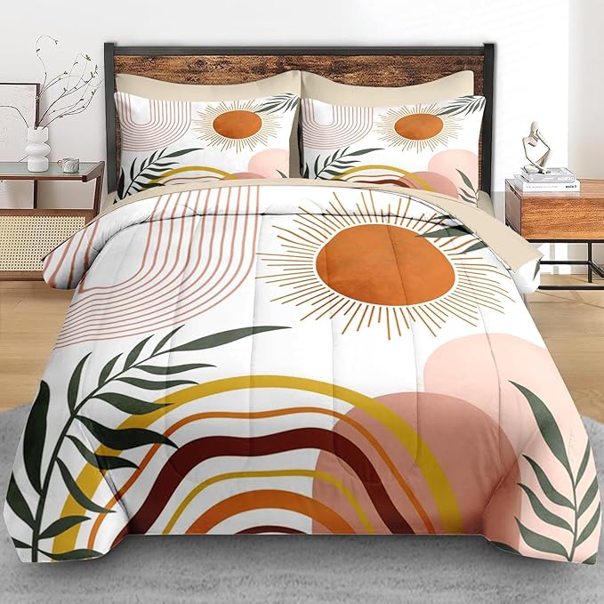 7 Pcs Comforter Set King Size, Boho Sunshine Retro Bedding Set for Kids and Adults, Vintage Bed Sheet Sets with Fitted Sheet 2 Pillowcase & 2 Sham for Bedroom Bed Decor