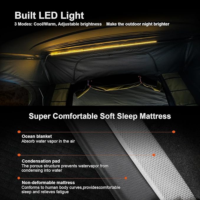 Naturnest Rooftop Tent Hard Shell, Easy to Use Extra Space 2-3 Person Camping Tent with LED Lighting, Waterproof UV Shade Privacy 4 Season Tent for Trucks, Jeeps, SUVs, Vans and Trailers