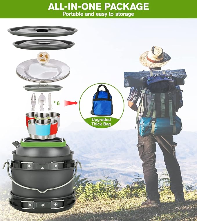 MEETSUN Camping Cookware Set - 37 PCs, Large Size Hanging Pot with Camping Pots and Pans, Camp Cooking Set for 6 People, Mess Kit with Cups, Dishes, Forks, Spoons, Knives for Outdoor Picnic