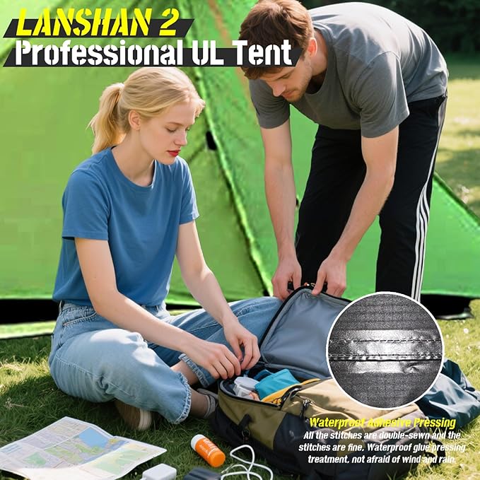 3F UL GEAR Lanshan 2 Person Tent Hiking Ultralight Camping Tent Professional 15D Silnylon Rodless Trekking Pole Tent Waterproof Backpacking Outdoor for Camping, Bivvy