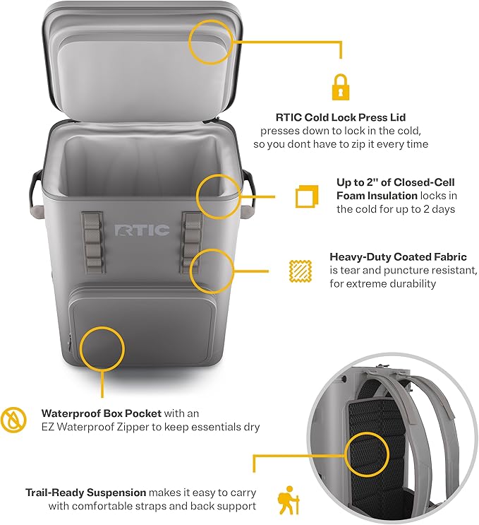 RTIC 48 Can Ultra-Tough Backpack Cooler, Insulated, Waterproof, Leak Proof, Portable Floating Bag for Beverage, Drink, Lunch, Outdoor, Beach, Car, Camping, Picnic, Fishing, Boat
