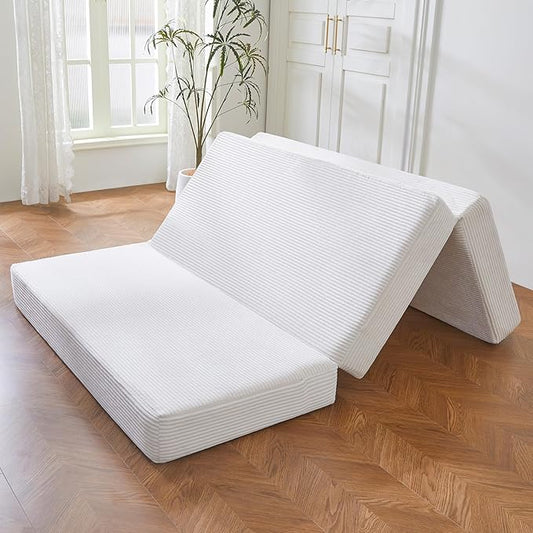 BYBYME Tri-Folding Corduroy Mattress, 6 Inches Gel Folding Mattress Topper, Foldable Soft Guest Bed Camping Pad, Washable Cover (Beige, Twin)