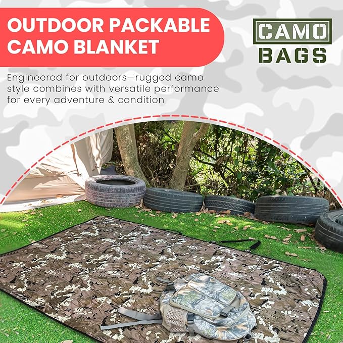 Outdoor Packable Camo Blanket - 1000D Polyester Interior & RIPSTOP Fabric Exterior Blanket with Adjustable & Removable Carrying Strap - Front, Back Storage Pocket - Ideal for Camping & Outdoor Use