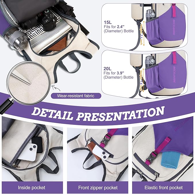 15L Small Hiking Backpack for Men Women Foldable Packable Back Pack Ultralight Hiking Daypack for Travel Camping Outdoor, Beige Purple