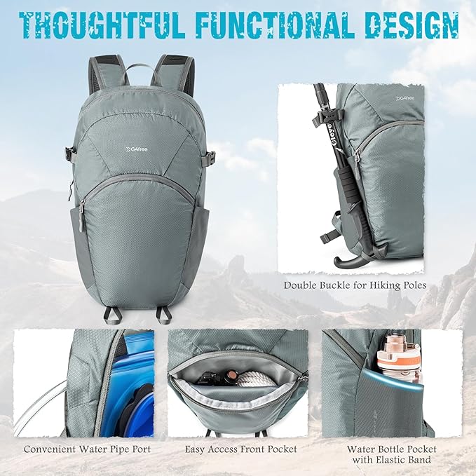 G4Free Hiking Backpack with Thickened Back Panel Packable 25L Lightweight Foldable Travel Daypack for Men Women(Grey)