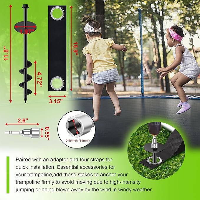 Eurmax USA Ground Anchors Screw in Trampoline Anchors High Wind Tent Stakes Heavy Duty Ground Stakes Trampoline Stakes Anchor Kit Set of 4 Bonus 4 Strong Belt (Black)