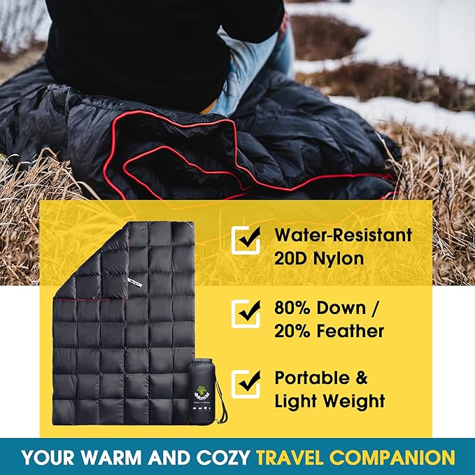 4Monster Down Camping Blanket - Outdoor Travel Quilt Puffy 650 Fill, Packable, Lightweight,Wind & Waterproof | Ideal for Stadium, Backpacking,Picnics, Beach and Hiking