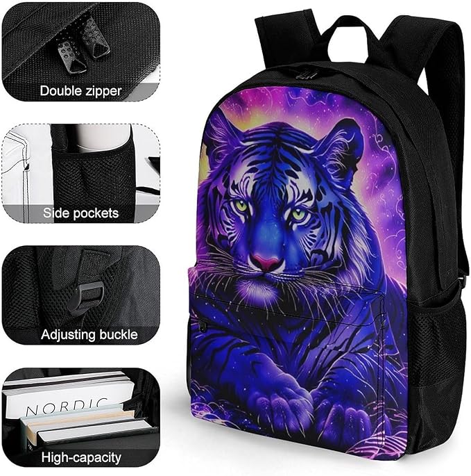 Lightweight Rucksack for Sports Travel Running, Big Capacity Multipurpose Anti-Theft Bookbag, Trippy Tiger Neon Art Travel and Sport Backpack Rucksack