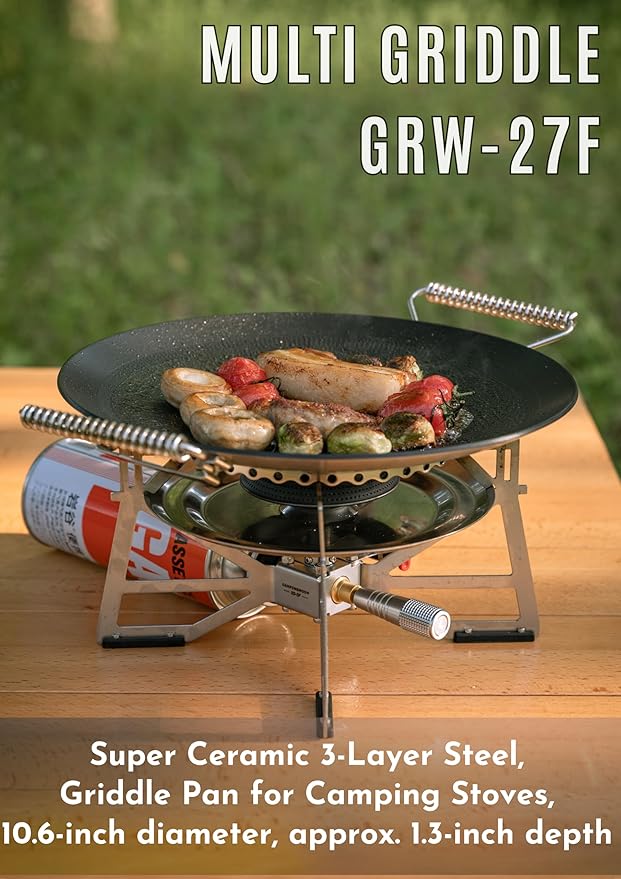 camping moon BBQ Grill Pan Dia 10.4-inch Round Griddle 3-Ply Composite Steel Nonstick Foldable Handle for Open Fire Gas Stove Outdoor & Indoor Use GRW-27F