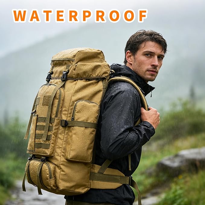 Hiking Backpack Tactical Backpack for Men Women, 80L Military Backpack Rucksack Waterproof Large Travel Camping Backpack for Men, Molle Rucksack Outdoor Sport Travel Cycling Daypack (Khaki)