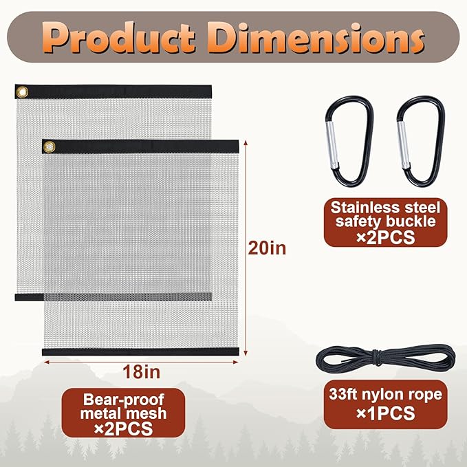 2 Pack Ultralight Rodent Proof Bear Bags, Wire Mesh Hanging Food Storage Bags for Camping and Backpacking, Critter Protection Kit with Nylon Rope and Carabiners