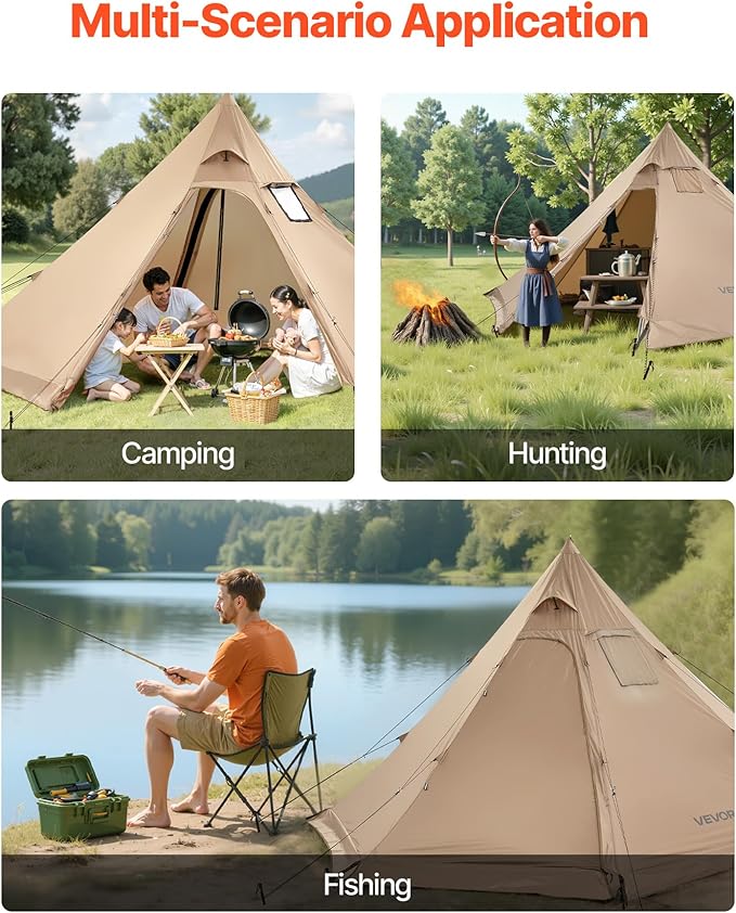 VEVOR Hot Tent, Camping Tipi Hot Tents with Stove Jack, Portable Winter Camping Tents with Snow Skirt, Easy Setup, Waterproof 4 Season Shelter Tents for Fishing Backpacking
