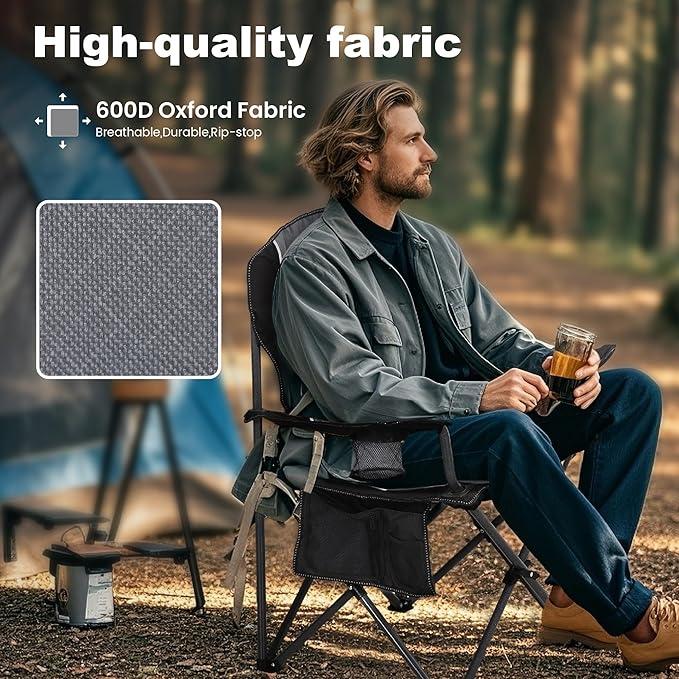 LET'S CAMP Oversized Outdoor Folding Camping Chair, 2 Pack Heavy Duty Arm Chairs with Cup Holder and Storage Bag, 350 LBS Weight Capacity, Grey